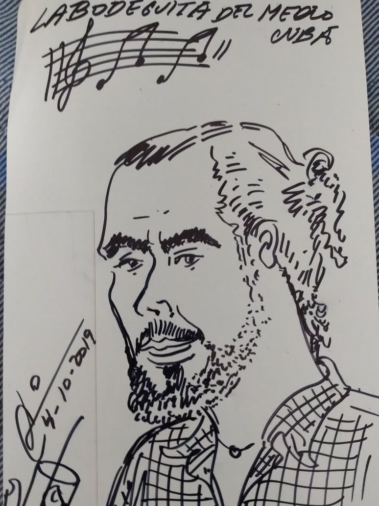 Caricatura a pluma y tinta en La Bodeguita del Medio, La Habana