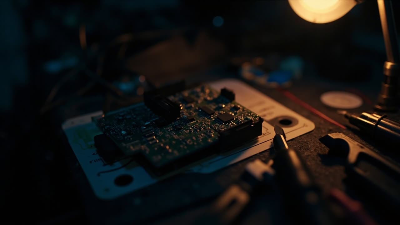 Placa de circuito de ECU sobre un banco de trabajo bajo una lámpara cálida (placeholder demo)