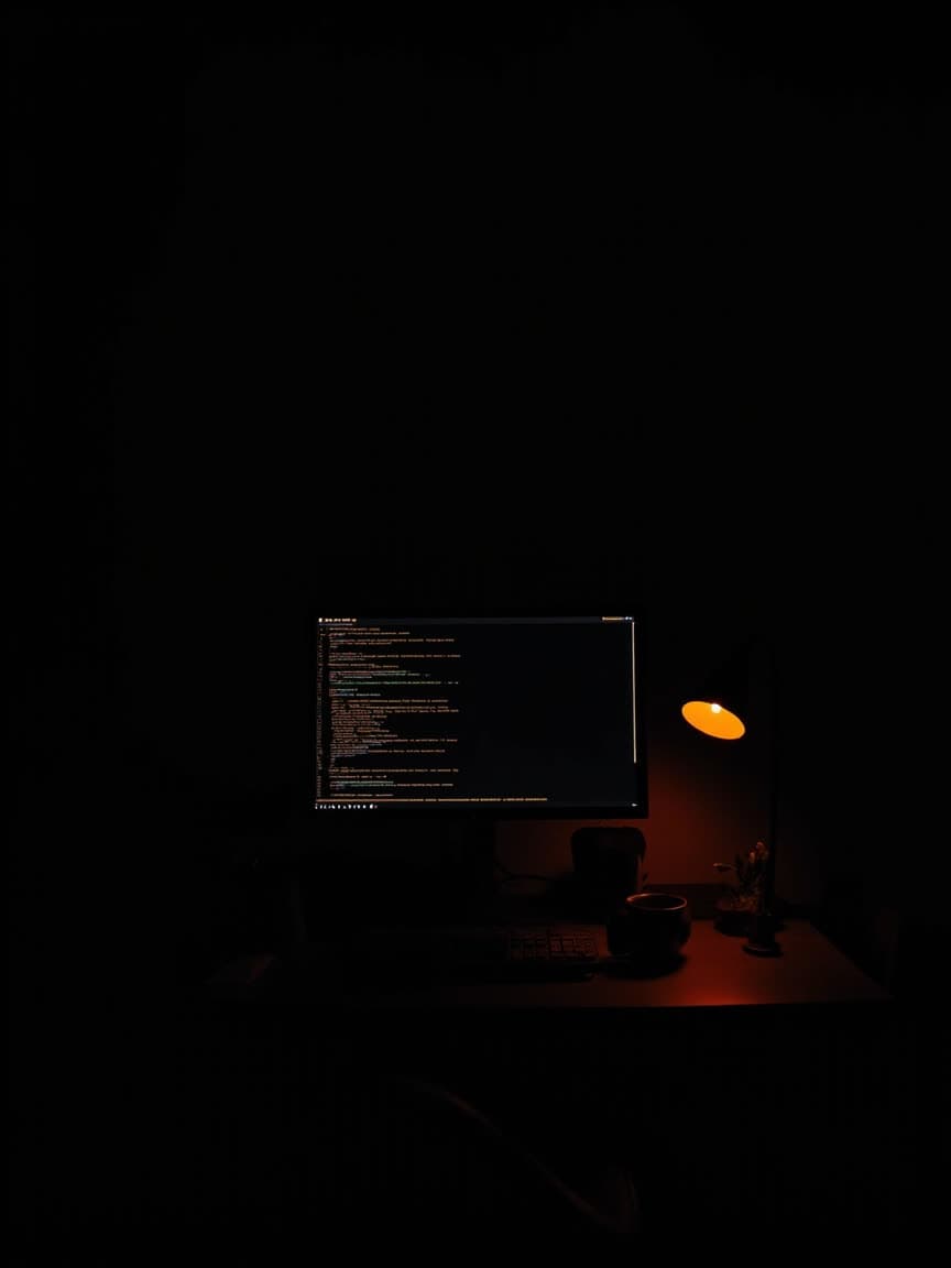Espacio de trabajo oscuro de noche — código en el monitor, lámpara cálida color ámbar