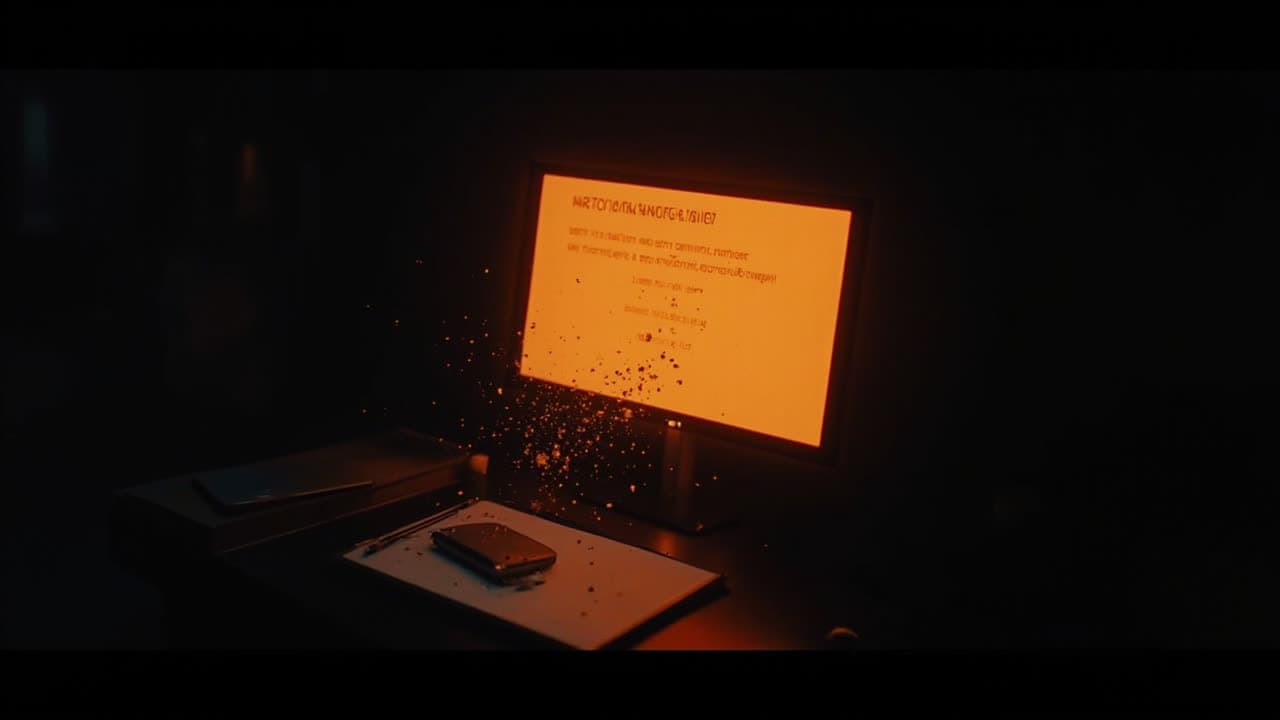 Brief de la mañana en una pantalla, resplandor ámbar en una habitación oscura