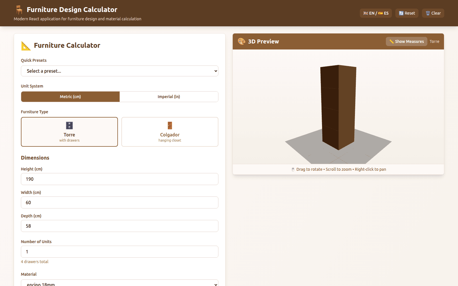 Calculadora de despiece — campos de medidas junto a la vista 3D de un clóset
