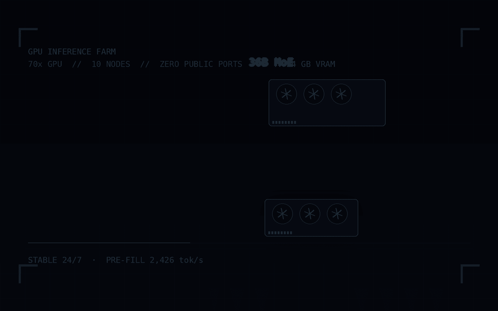 Plataforma de inferencia GPU autoalojada — rack del farm y tarjeta aceleradora con overlays HUD