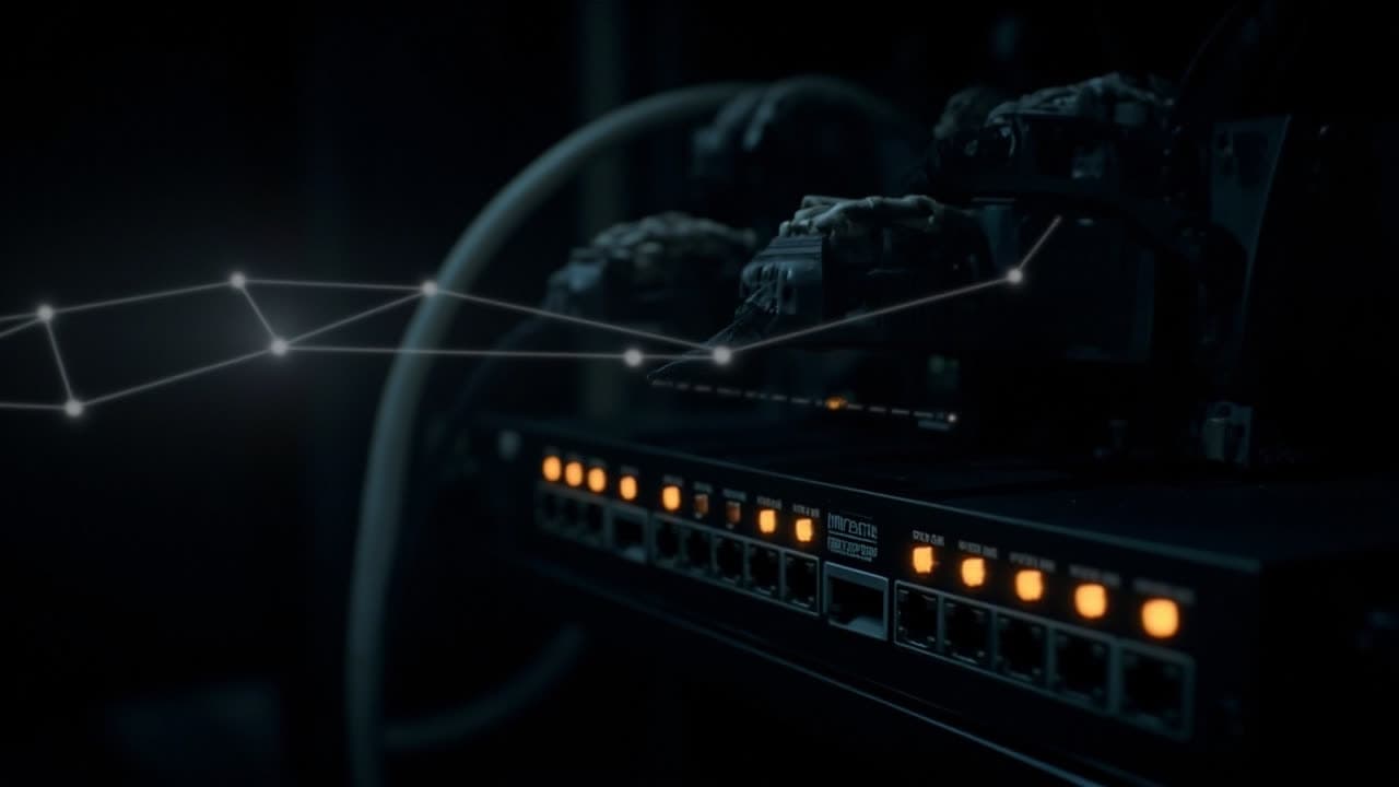 Router MikroTik con LEDs de estado ámbar en un gabinete oscuro
